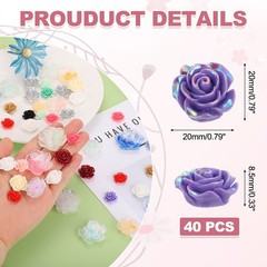 20mm Resin Rose Flatback Charms, 40 Pcs Cabochon Embellishment, Shiny Violet