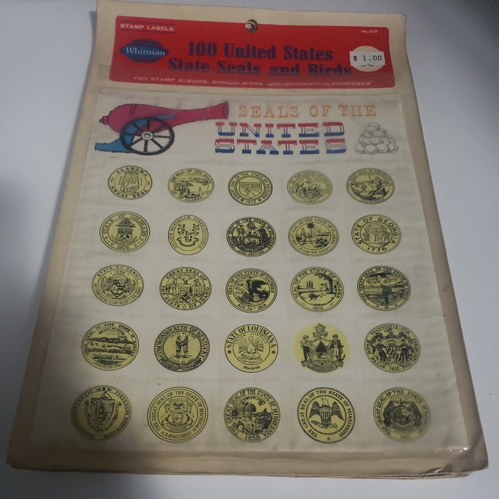 4 -Vintage Whitman 100 United States State Seals and Birds Stamp Labels.