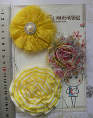 YELLOW, PINK Floral Mix Fabric Lace Organza 3 Flowers 6-7cm Across Manor House