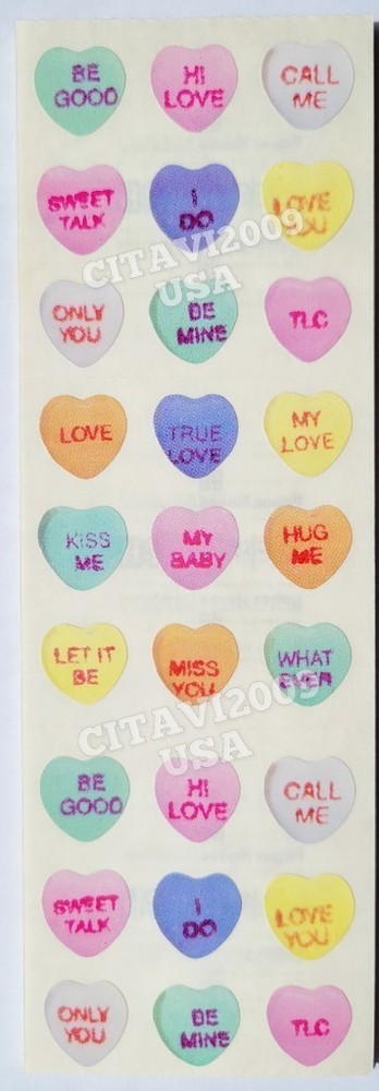 VINTAGE STICKERS CANDY HEARTS MESSAGE BE MINE LOVE YOU KISS ME I DO PAPER HOUSE