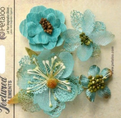 Mixed Textured Blossoms TEAL BLUE x 4 Fabric Mesh Flowers 35-60mm Petaloo C2b