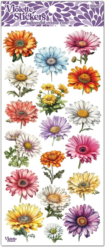 Violette Stickers 2 Sheets Colorful Daisies Daisy Yellow Pink Purple Blue White