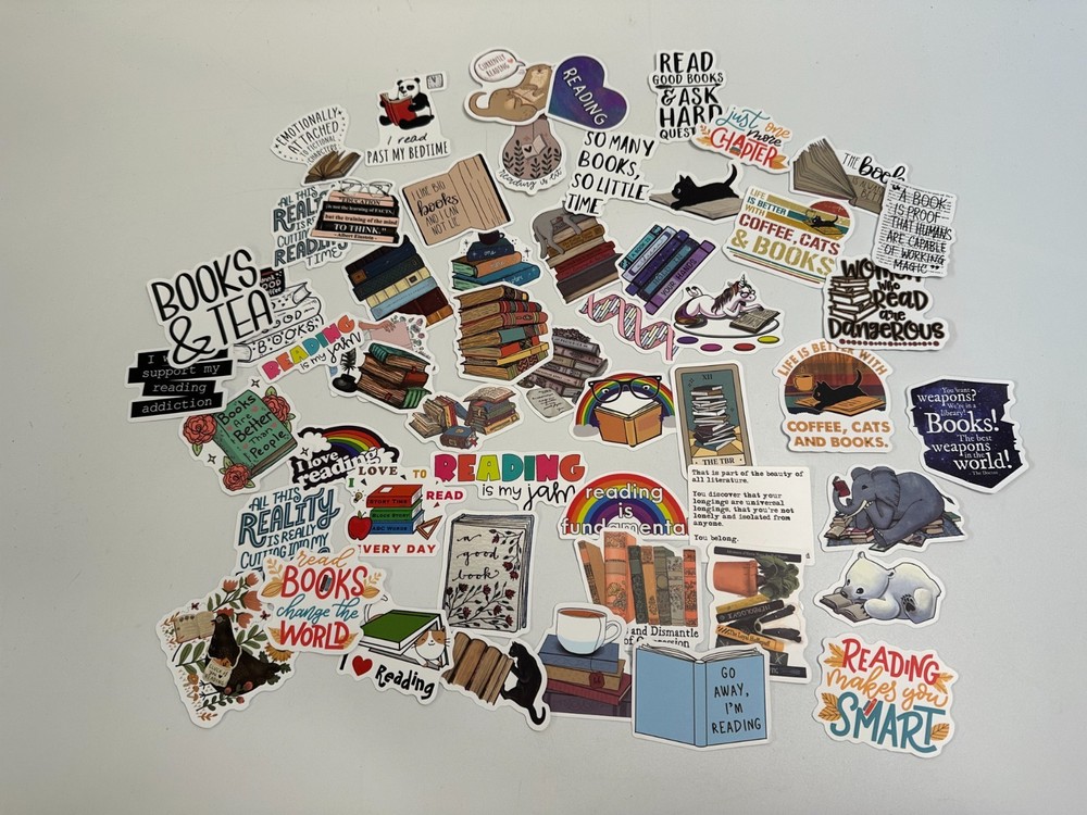 lot of 54 book themed stickers-colorful- books-cats-tea-I love reading stickers
