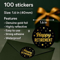 Happy Retirement Gold Foil Stickers – 100 Pcs 1.6 Inch Round, Black & Gold Star