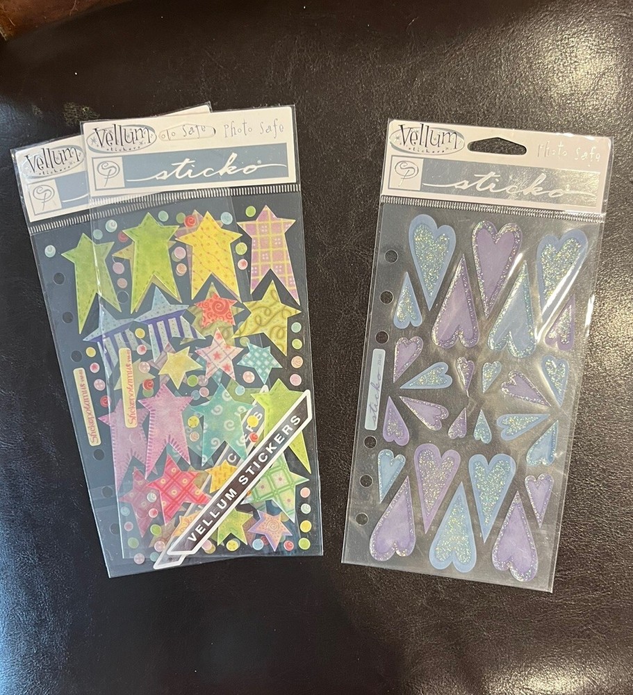 Sticko Vellum Stickers Photo Safe Stars And Hearts Lot Of 3 New