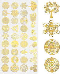 35 Pcs Gold Flower of Life Metal Stickers Sacred Geometry for Art DIY Crafts