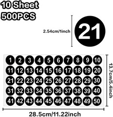 Number Stickers, Consecutive Number Stickers 1-50, 10 Sheets round Numbers Label