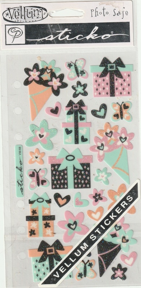 Vintage Sticko flat stickers PRECIOUS PRESENTS Goth theme 61183 FAST FREE ship!