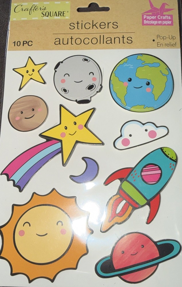 Crafter’s Corner- pop-up Space Themed Stickers-earth, Moon, Sun- 10 Count