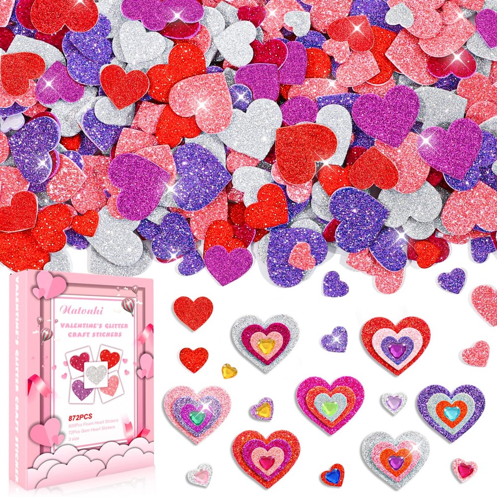 872 Pcs Valentines Heart Stickers, 3 Sizes 5 Colors Self-Adhesive Glitter Foa…