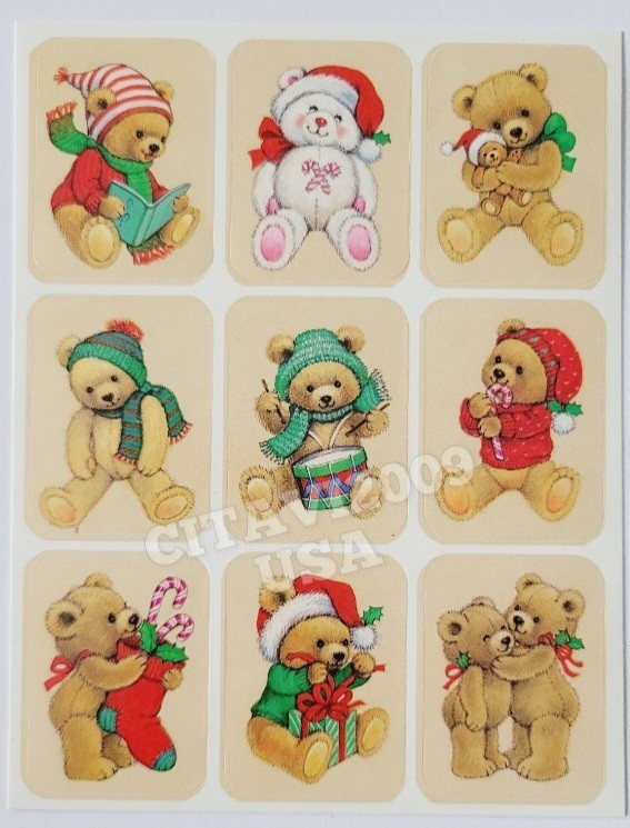 VINTAGE EUREKA HOLIDAY CHRISTMAS STICKER SHEET TEDDY BEARS. RARE COLLECTIBLE.