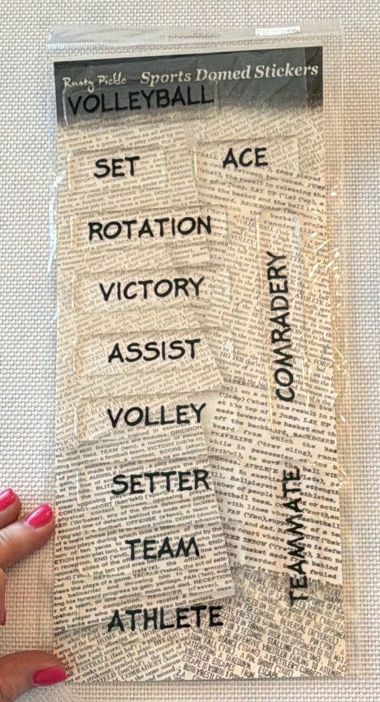 Rusty Pickle Sports Domed Stickers Volleyball Words Black White 476