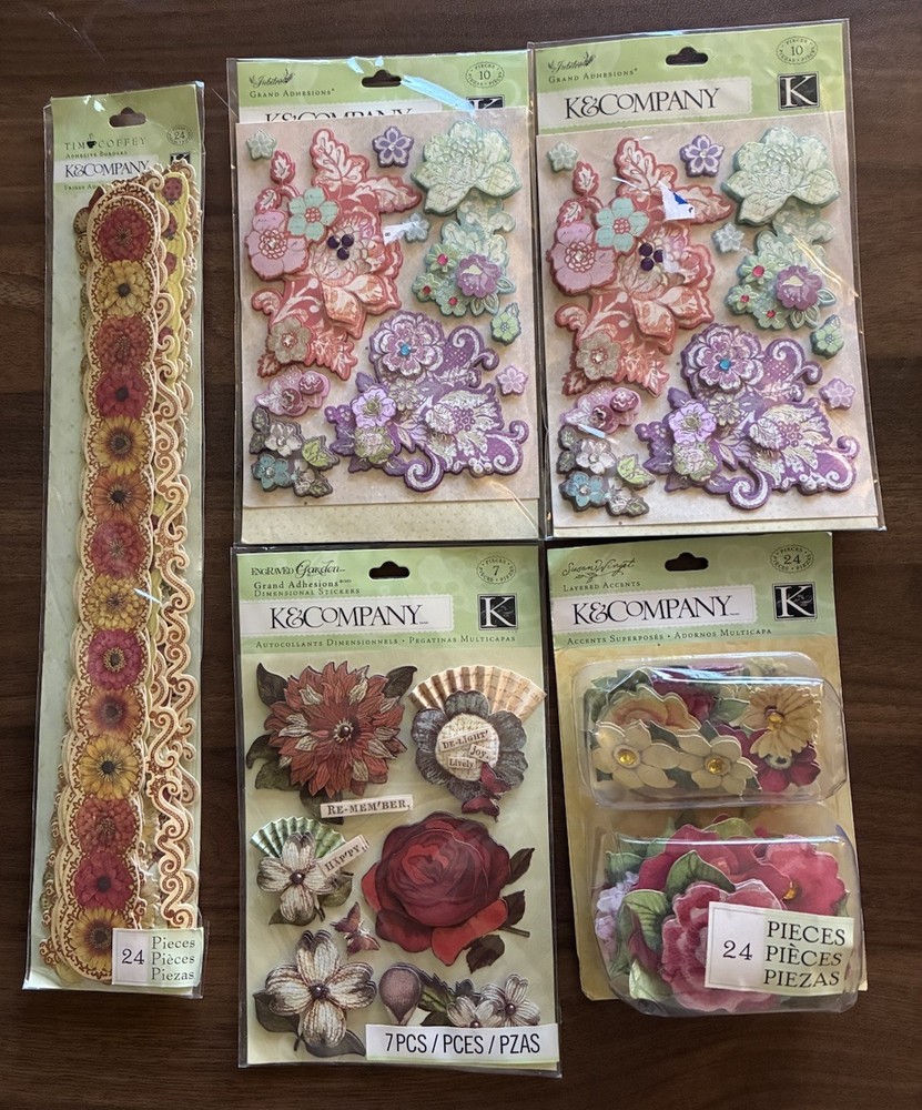 K & Company Floral 3-D Stickers Tim Coffey Borders Lot of 5 Retired NOS