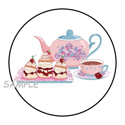 30 TEA PARTY ENVELOPE SEALS LABELS STICKERS 1.5″ ROUND FAVORS GIFTS TEA POT