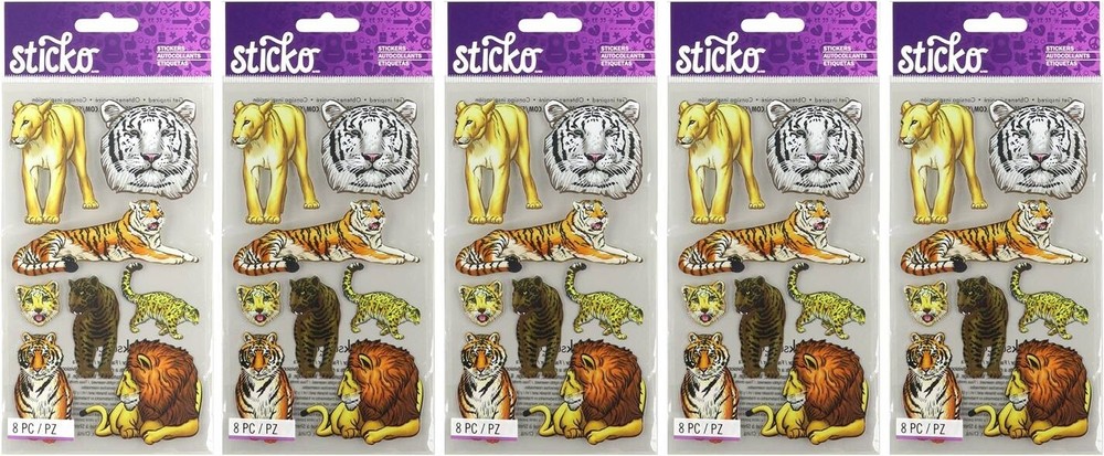 Lot of 5 Packages of Sticko Classic Big Cats Stickers Lion Tiger Leopard