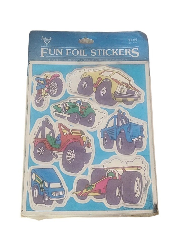 Vintage 80s Fun Foil Shinies Stickers Hallmark Race Cars Monster Truck Jeep