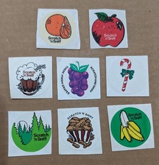 Vtg 3M Imperfect Scratch & Sniff Stickers Set Of 8 Apple Banana Grape Peanut Etc