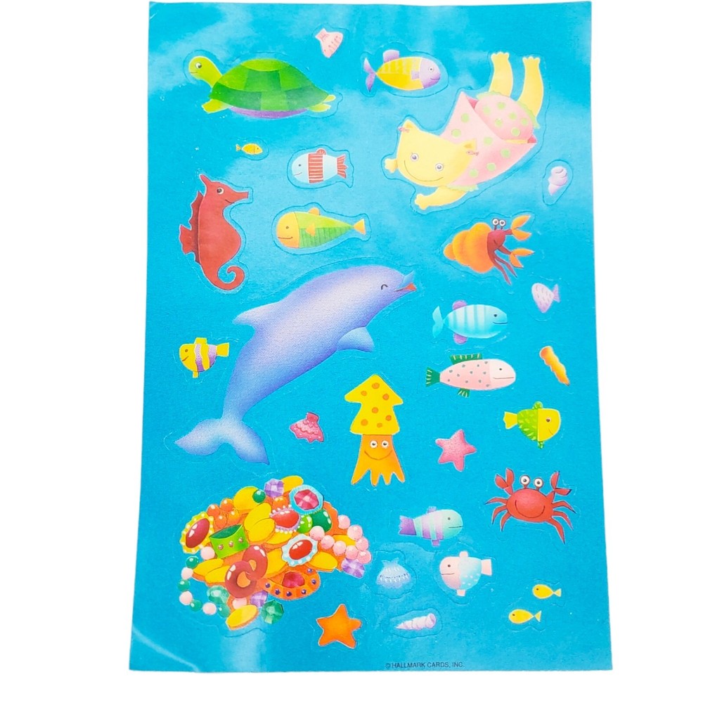 Vintage Hallmark Sticker Sheet Sea Creatures Cat Dolphin Cute Happy Fish Turtle