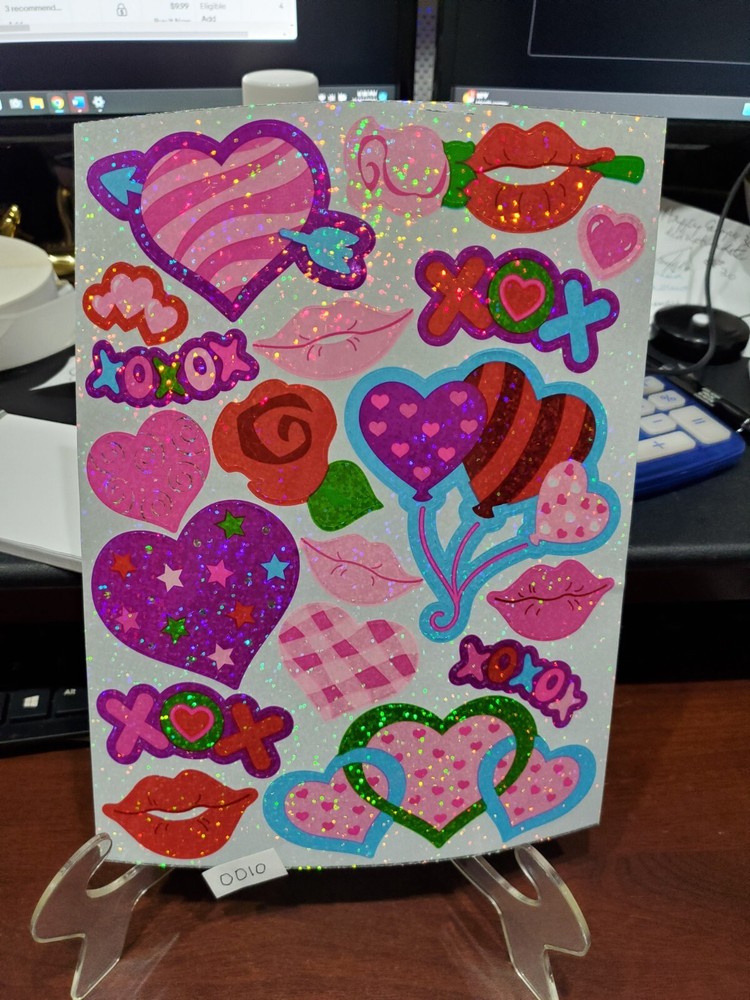 Sandylion stickers Prismatic glitter hearts hugs kisses lips 80’s 90’s 7X9″ shee