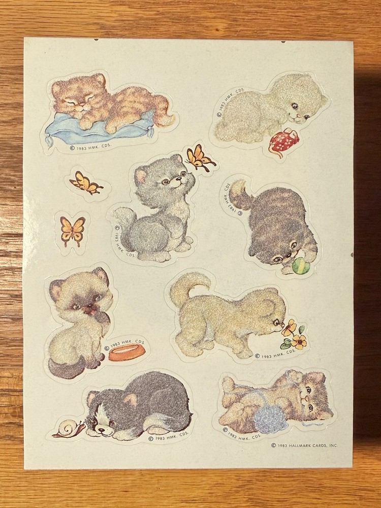 1983 UNUSED Rare Vintage Hallmark Fuzzy Kitten Sticker Sheet Butterfly Flowers