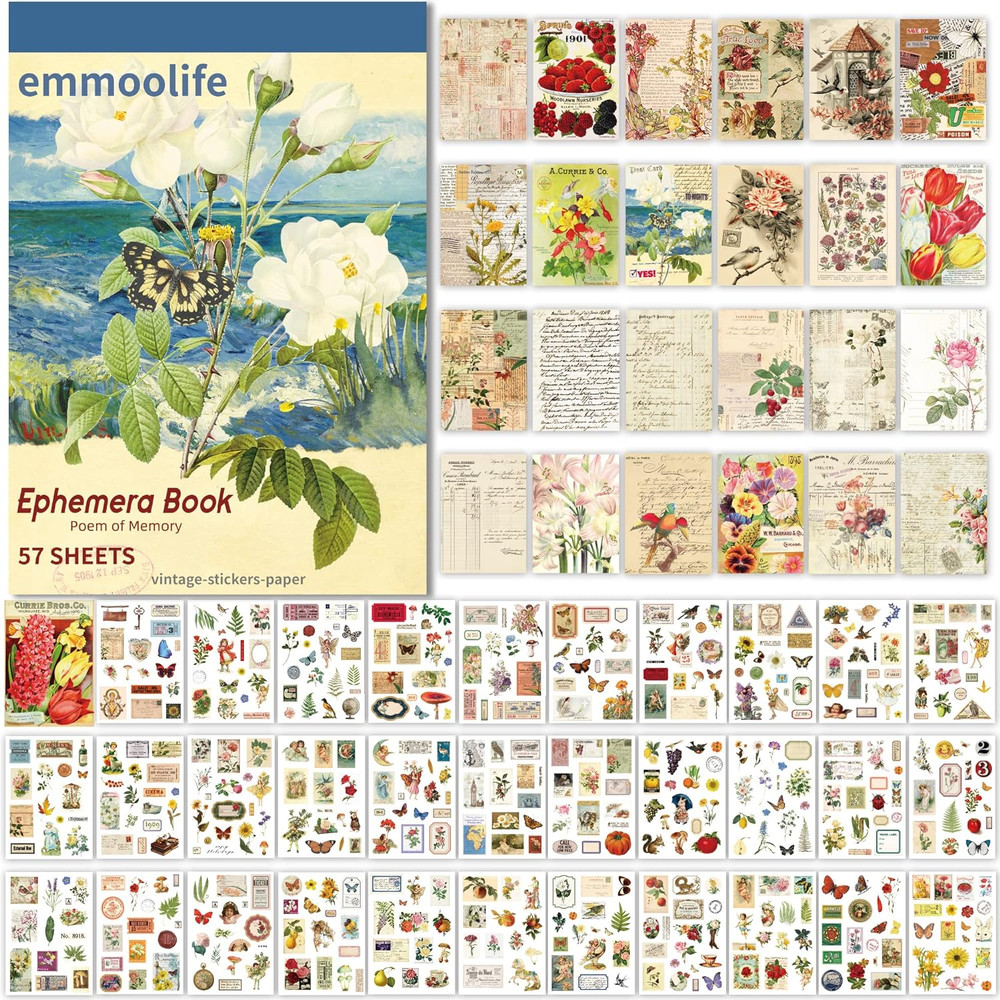537Pcs Vintage Washi Stickers and Papers for Scrapbooking, Ephemera Book for Jou