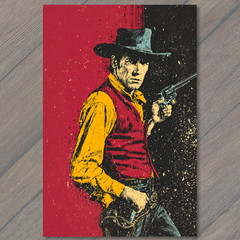 STICKER Western Cowboy Revolver Red Yellow Black Graphic