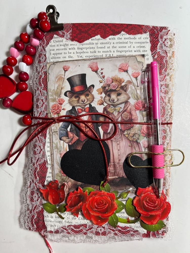 valentines junk journal scrapbook tassel pen clip 56 pages mouse couple sewn