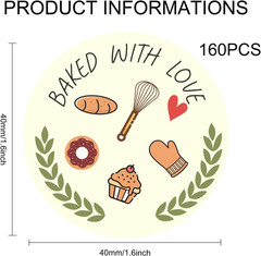 160 Pcs Baked with Love Stickers, 1.6 Inch Bakery Packaging Labels for Cottage B