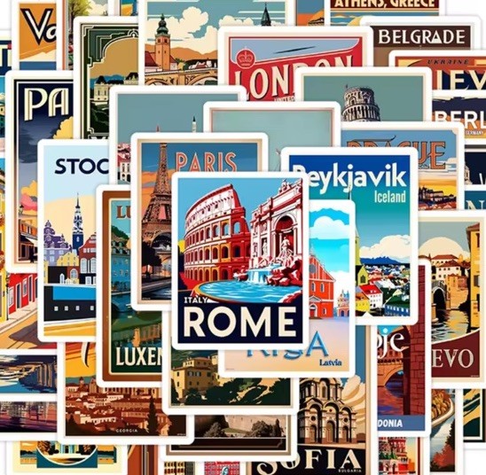 50pc European Travel Stickers Vintage City Waterproof Vinyl Decals Luggage Etc.