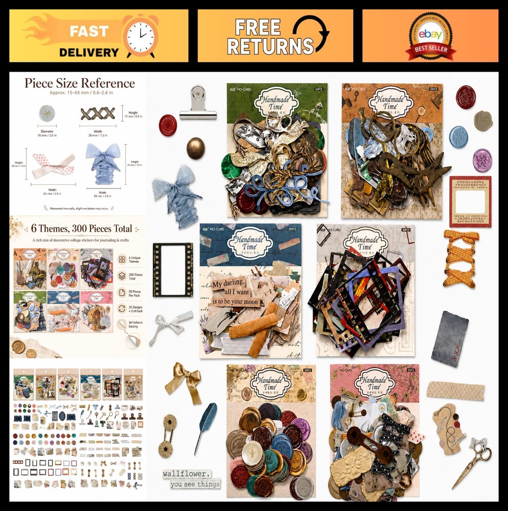 300 Pcs Vintage Collage Stickers Set | Wax Seal, Button, Label & Film Frame Desi