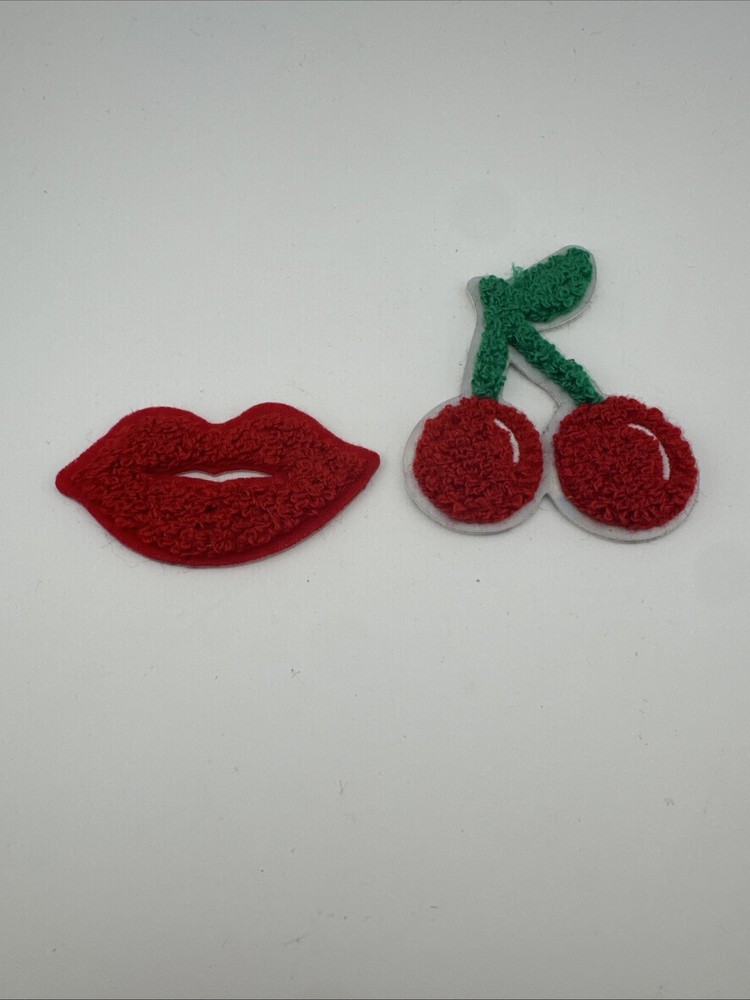 2 Pack Cherry Lips Chenille Fuzzy Patches 2” Self Adhesive Stickers