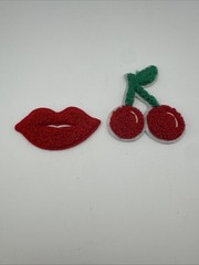 2 Pack Cherry Lips Chenille Fuzzy Patches 2” Self Adhesive Stickers