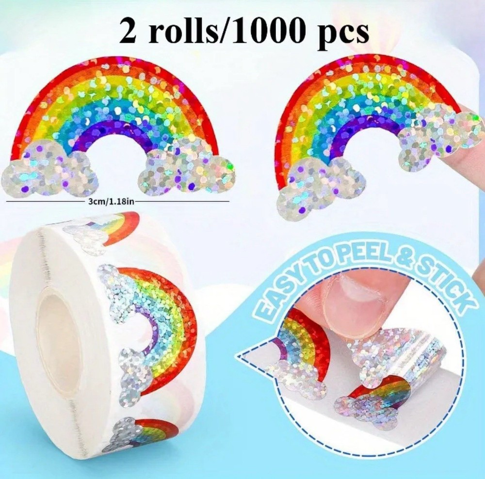 1000 Sticker Seals 2 Rolls Rainbow 🌈 Metallic Foil Laser Holographic Cloud 1.2”