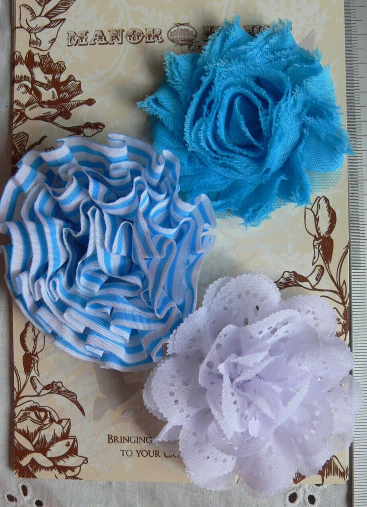 SPECIAL Mixed BLUE Fabric Cotton & Organza 3 Flower Pack – 70-75mm Manor House