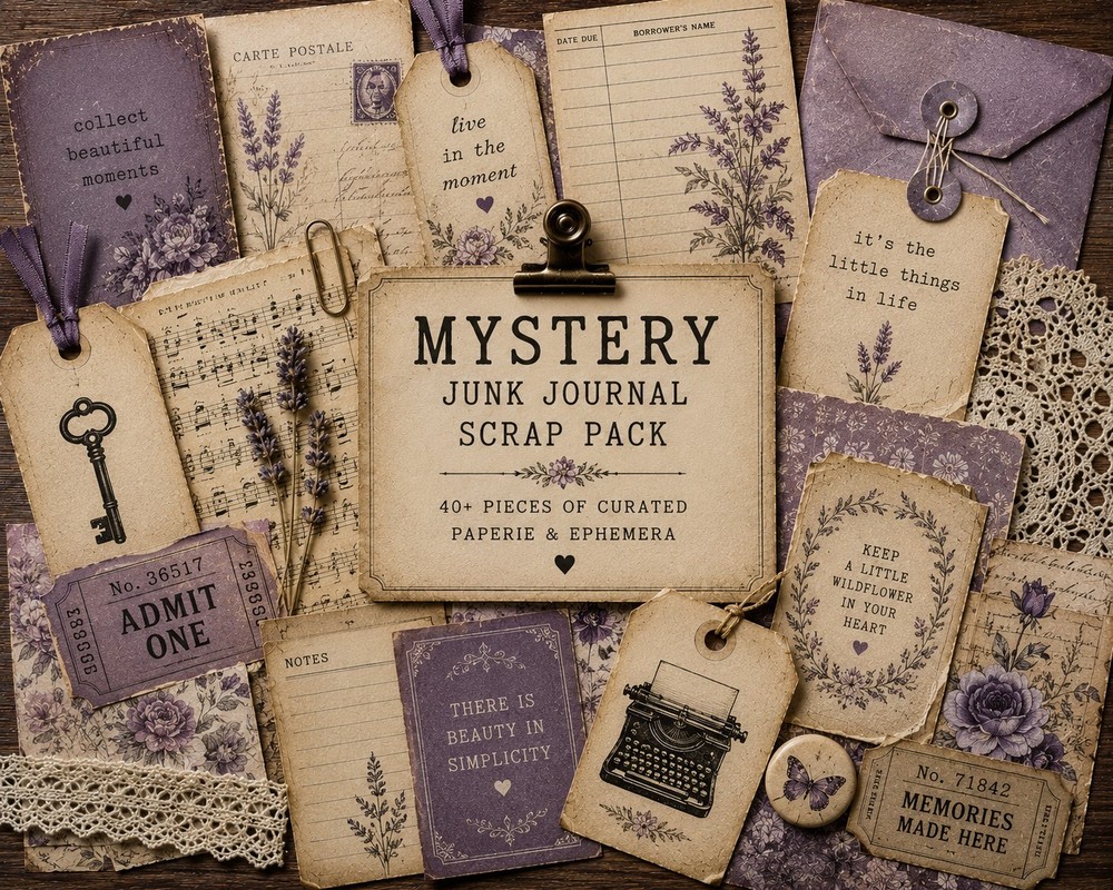 Mystery Junk Journal Scrap Pack – Vintage Ephemera Bundle