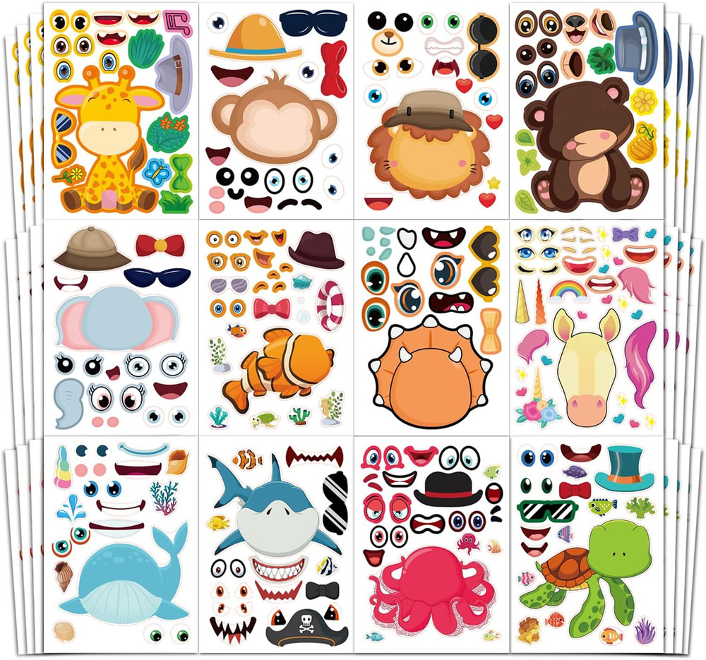 48 Sheets Make-A-Face Animal Stickers Mix and Match for Kids Party Favors Suppli