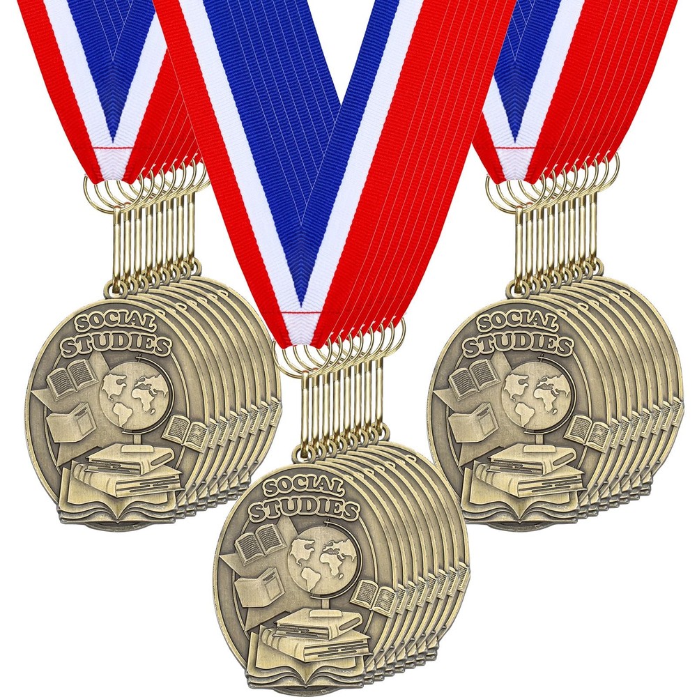 36 PCS Social Studies Award Medals Bulk With Neck Ribbons Gold Trophy