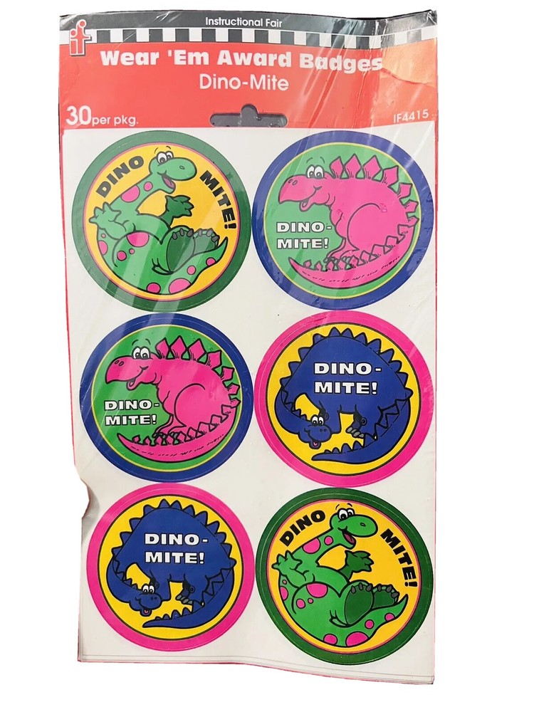 Vintage Dino Mite BADGE Stickers 90s Green yellow Purple Green 30 count round