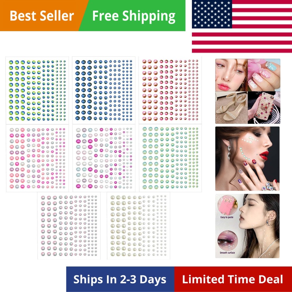 1320 Pieces Self Adhesive Pearl Stickers for DIY Crafts 8 Sheets Colorful Flat B