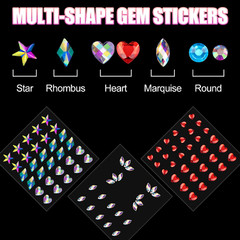 9 Sheets Face Rhinestones and Pearl Stickers Set 1, Rainbow Mixed Shape Self Adh