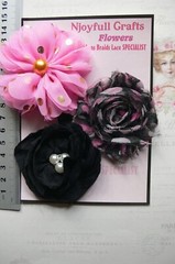 PINK Gold Spot & BLACK Combo – Fabric Organza – 60-75mm – 3 Flower Pack K1 NJC