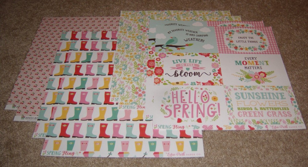 Echo Park 12×12 Double Sided Scrapbook Paper Lot of 8 ~ Spring Fling/Homegrown