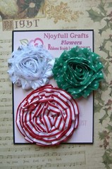 Christmas RED Stripe GREEN Spot WHITE & Silver Cotton 3Flower Mix 55-70mm NJC W1