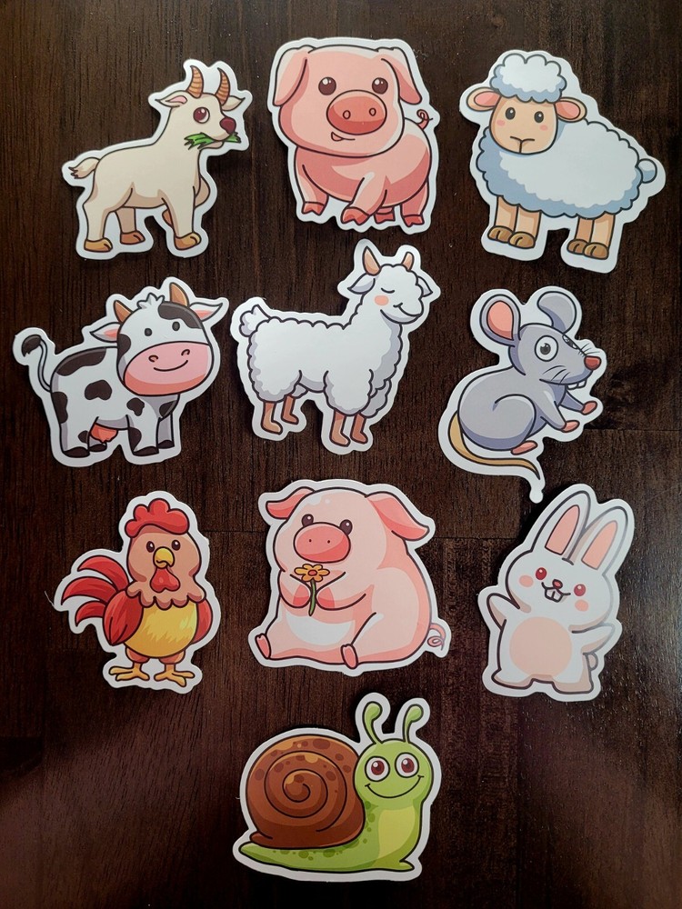 STICKERS x 10 Farm Animal Goat Pig Cow Sheep Rabbit Chicken Mouse Snail 32B9