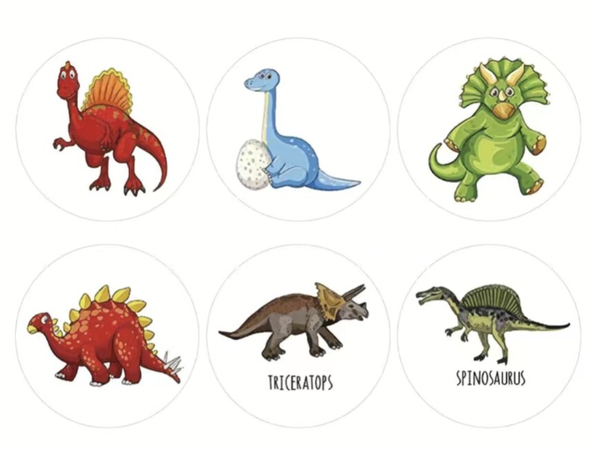500 pcs Stickers Roll 6 Designs 1 Inch Dino 2 Round Semi Gloss Self Adhesive