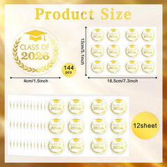Graduation Stickers, 144PCS Class of 2026 Stickers, 1.6» Gold Foil Graduation E