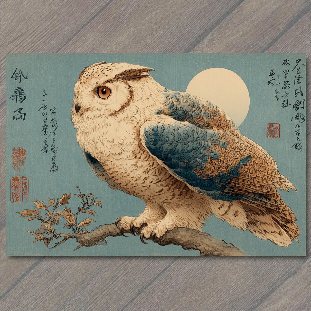 STICKER Owl Moon Japanese Calligraphy Woodblock Branch Night Blue Asian