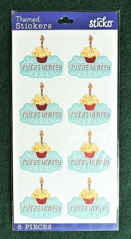 8pc You’re Invited Stickers EKSuccess Sticko Themed Party Invitation Cupcake New