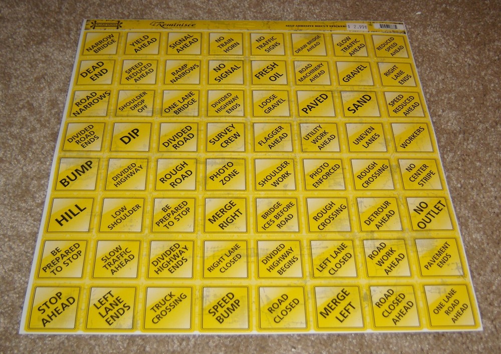 Reminisce 12×12 DieCut Sticker Sheet ~ Road Signs Collection…Mix of 64 Signs