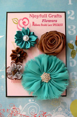 TEAL BLUE & BROWN Fabric Satin Organza Mix – 5 Floral Flower Pk 25-75mm NJC V4 B